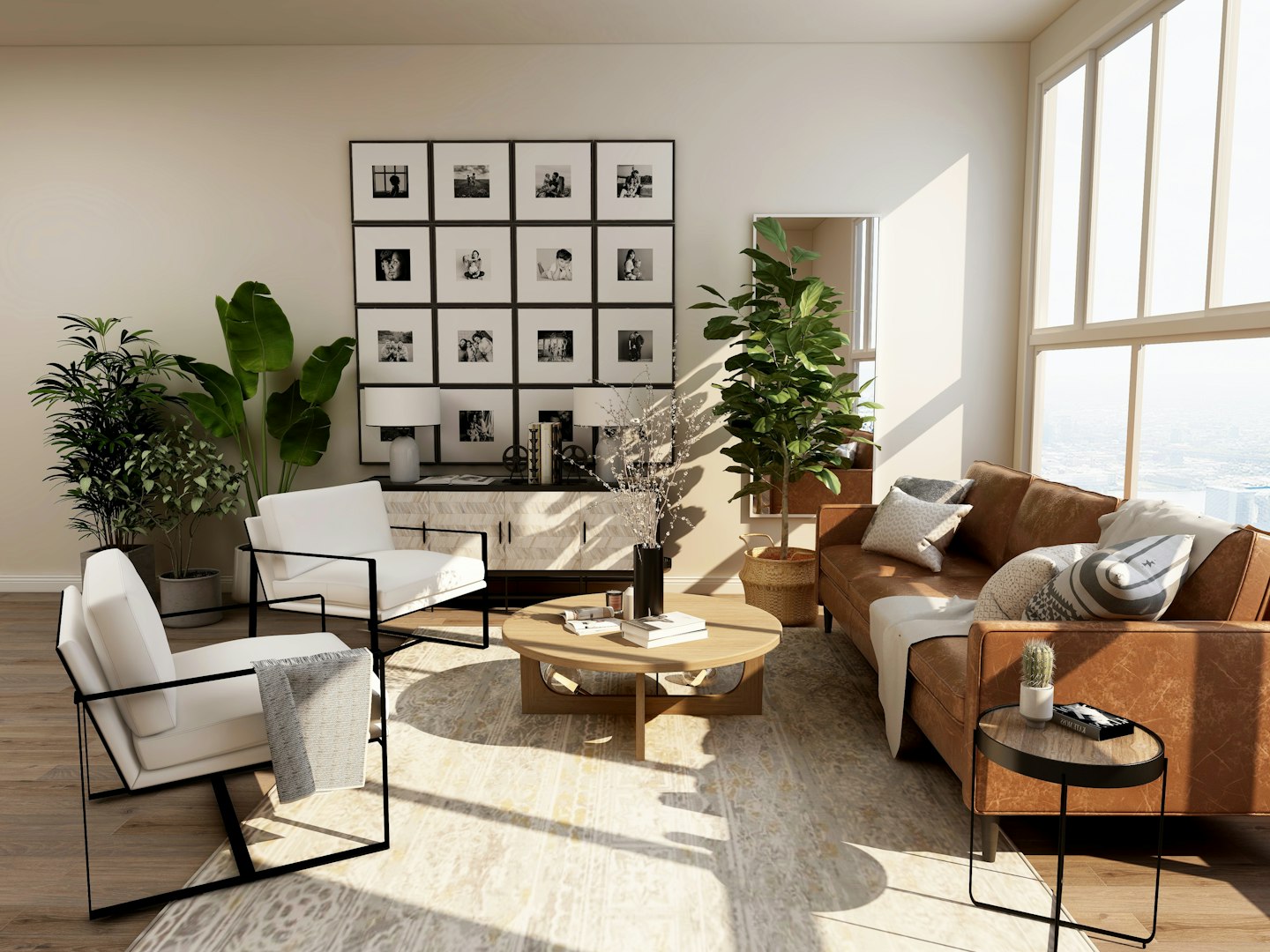 Sala de apartamento iluminada com sofá claro e decoração natural